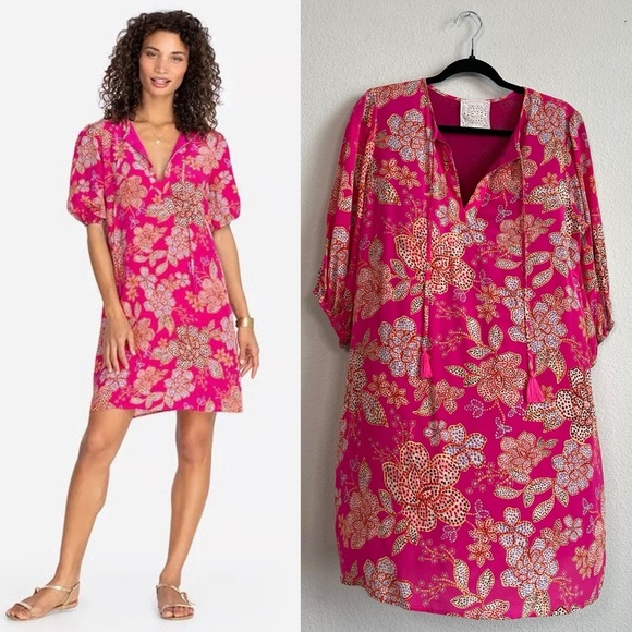 Johnny Was Vesna Pink Floral Print Short Sleeve Silk Mini Dress Size Small - Picture 1 of 9